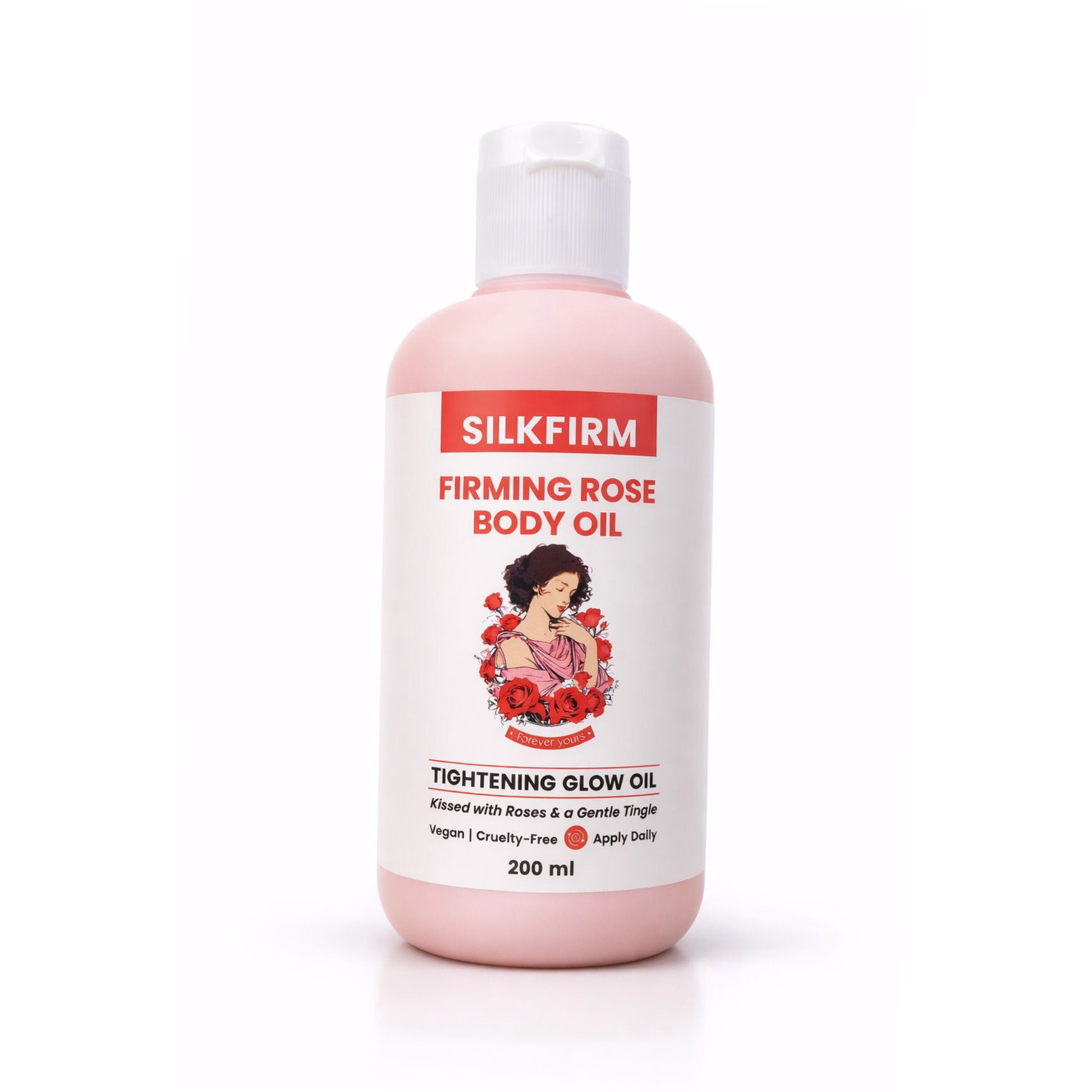 Silkfirm Firming Rose Body Oil bottle on a white background