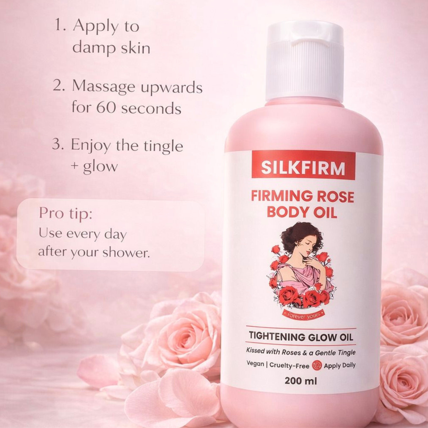 Silkfirm Firming Rose Body Oil bottle with usage instructions on a pink floral background