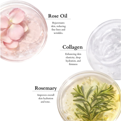 Cosmetic products with rose oil, collagen, and rosemary labeled on a white background