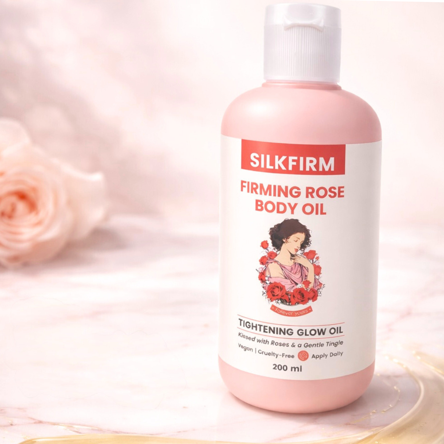 Silkfirm Firming Rose Body Oil bottle with a rose in the background