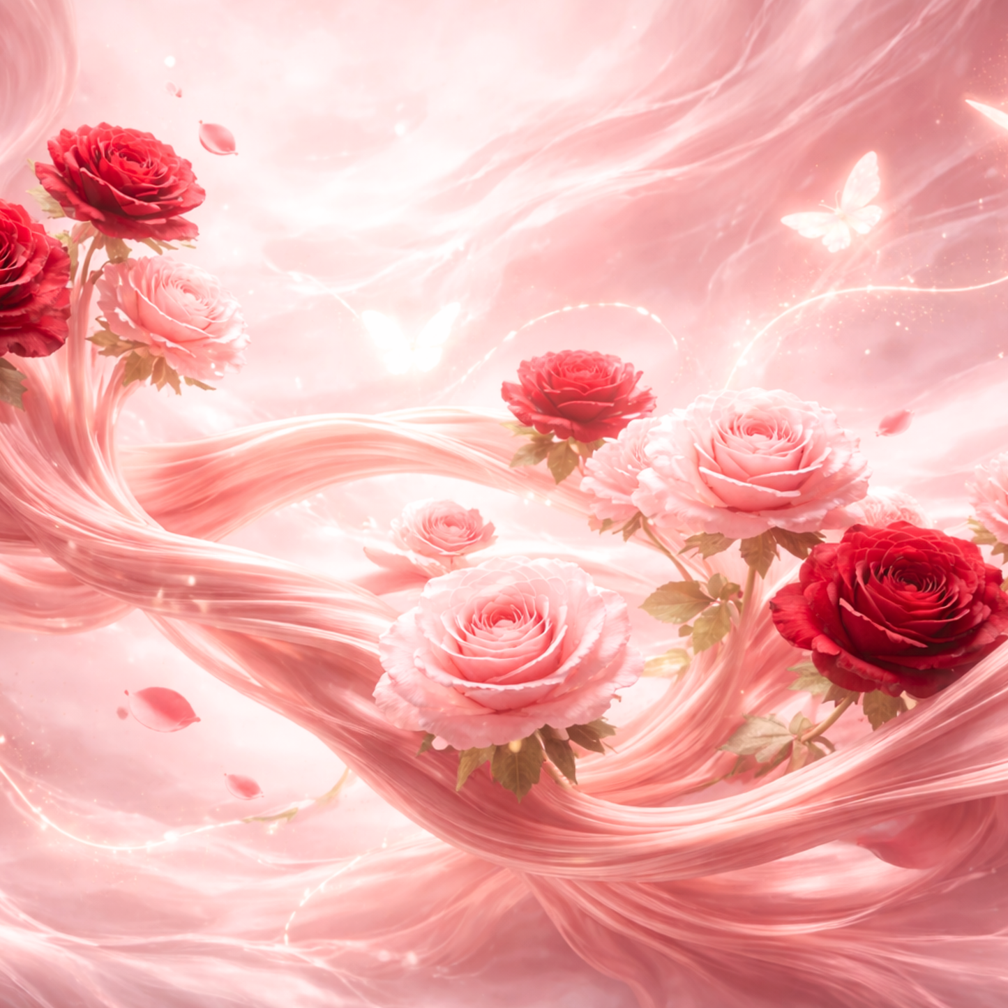 Pink and red roses on a pink fabric background with butterfly